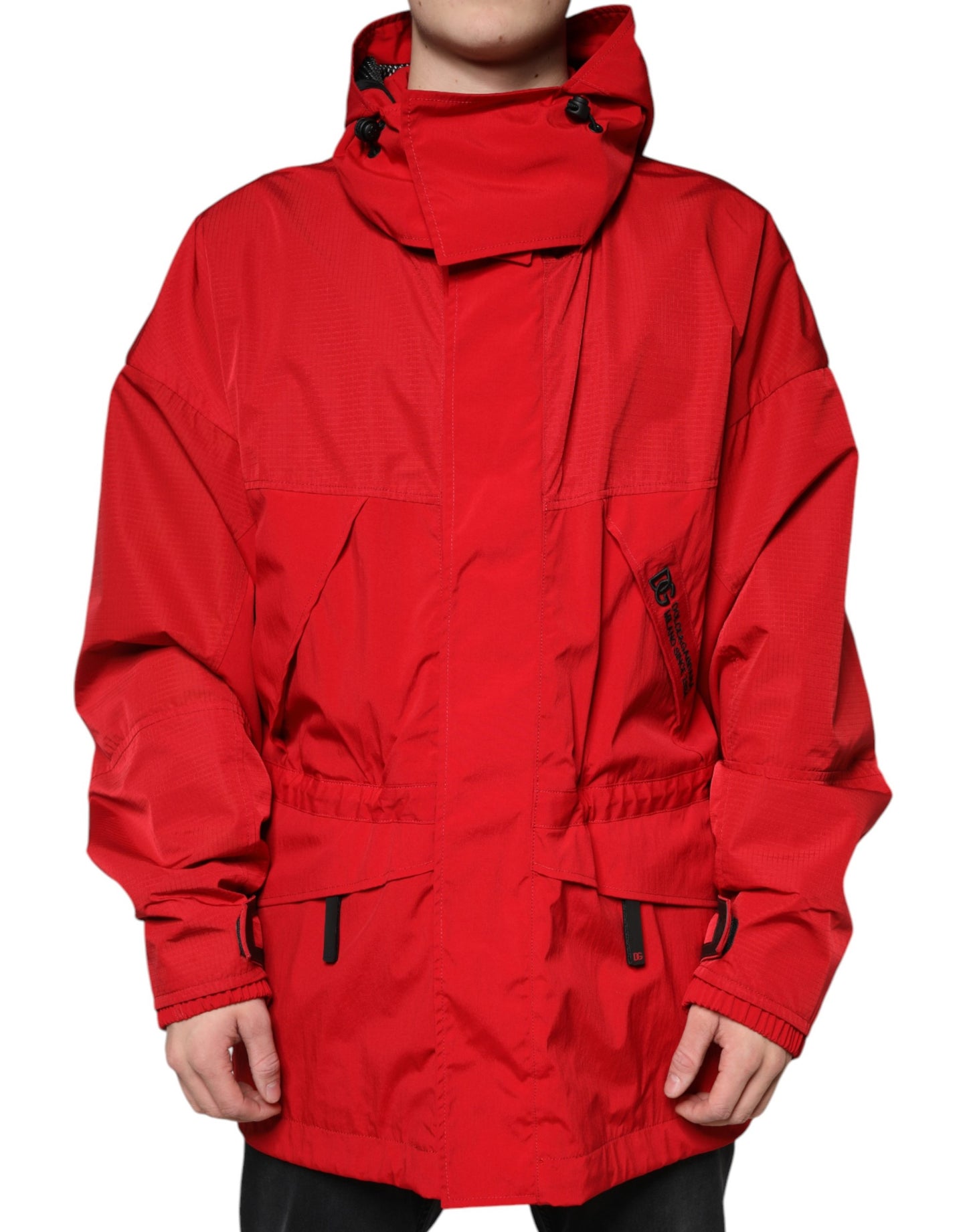 Dolce & Gabbana Red Nylon Hooded Men Full Zip Parka Jacket