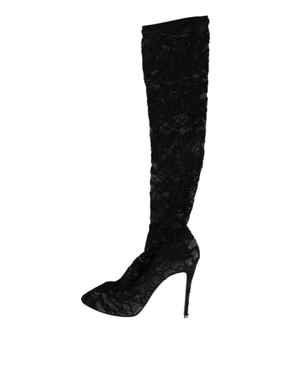 Dolce & Gabbana Black Stretch Socks Taormina Lace Boots Shoes