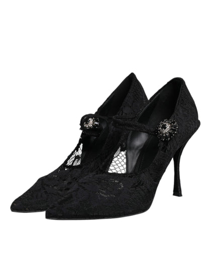 Dolce & Gabbana Black Lace Crystals Mary Jane Pumps Shoes