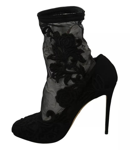 Dolce & Gabbana Black Tulle Stretch Floral Booties Shoes