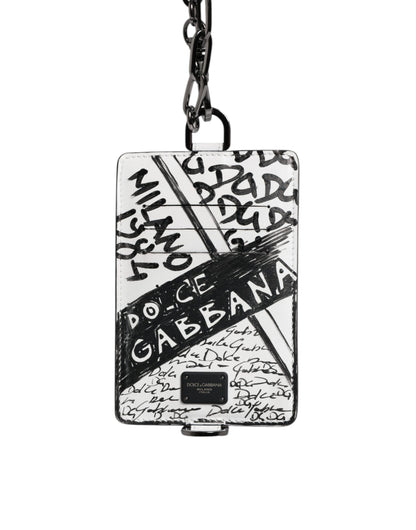 Dolce & Gabbana White Leather Lanyard Graffiti Print Card Holder Wallet