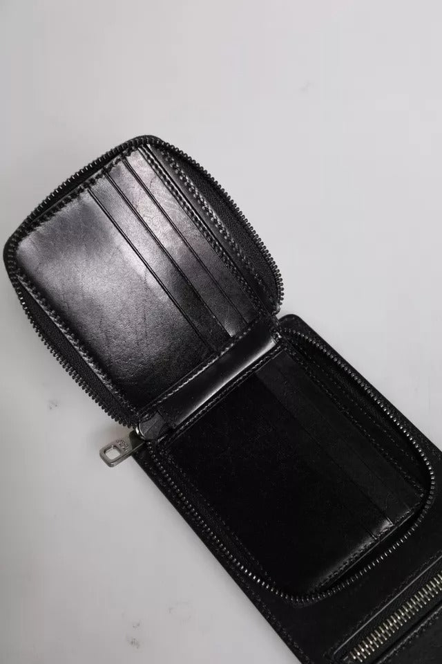 Dolce & Gabbana Black Horse Leather Zip Logo Shoulder Neck Strap Wallet