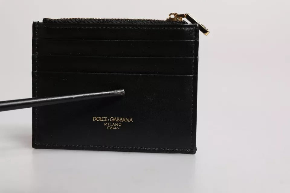 Dolce & Gabbana Black Leather Card Holder Case DG Logo Zip Wallet