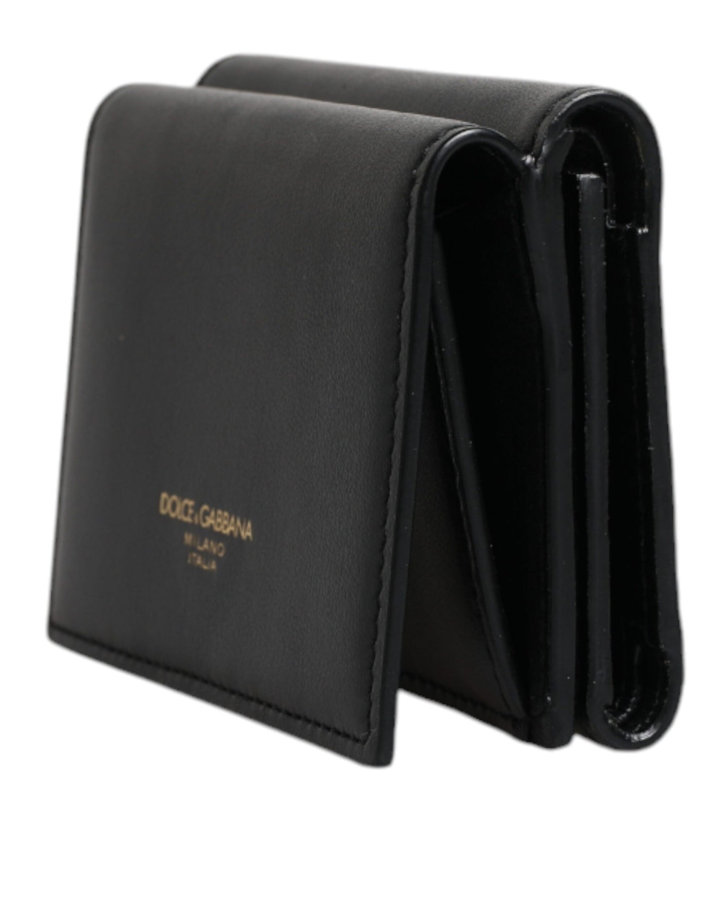 Dolce & Gabbana Black Leather Folding Card Holder Logo Print Wallet