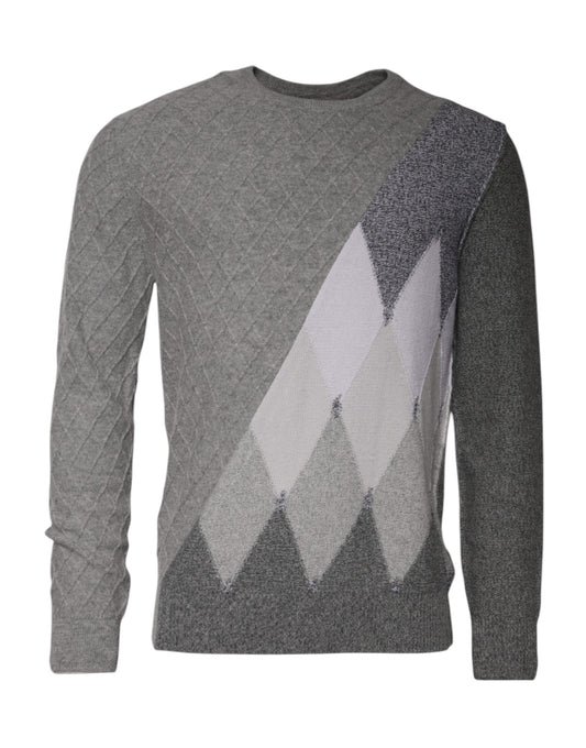 Ballantyne Gray Cashmere Argyle Intarsia Knit Crew Neck Sweater