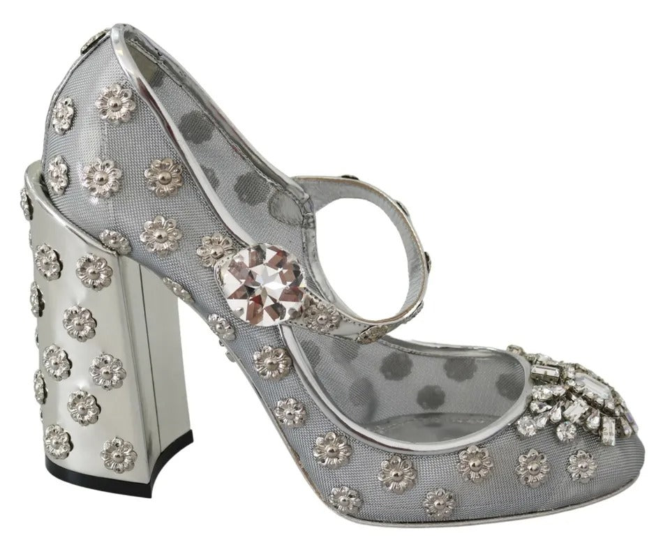 Dolce & Gabbana Silver Crystal Studs Heels Mary Janes Pumps Shoes