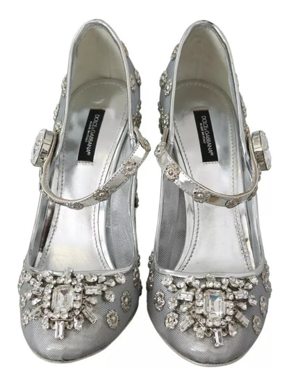 Dolce & Gabbana Silver Crystal Studs Heels Mary Janes Pumps Shoes