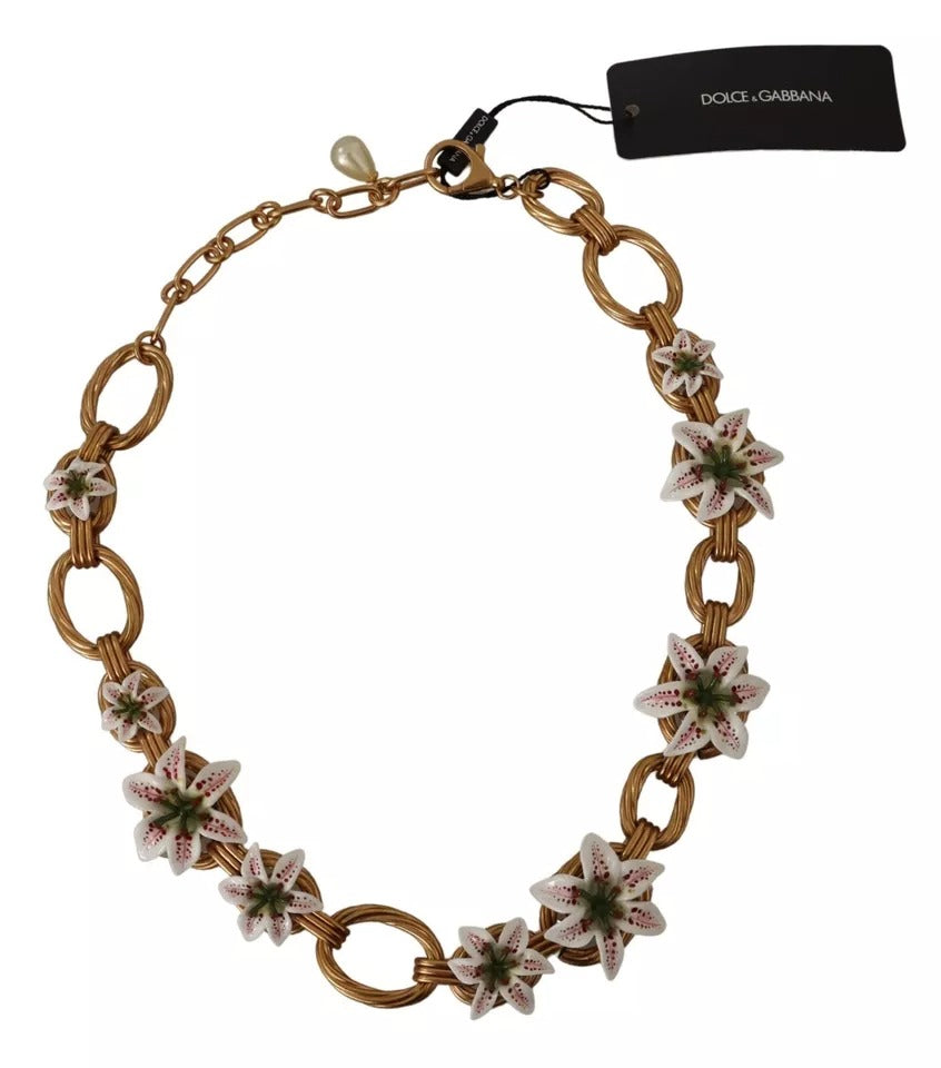 Dolce & Gabbana Gold Chain Lilium Floral Choker Statement Jewelry Necklace