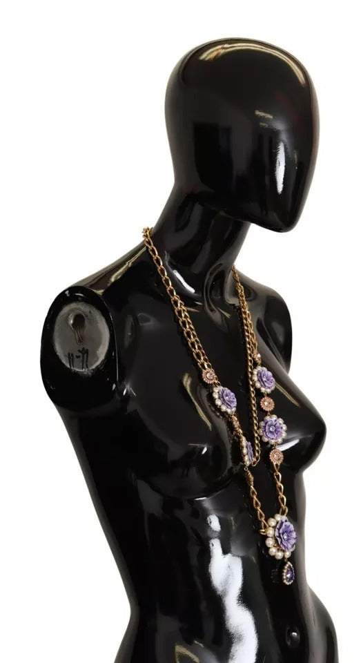 Dolce & Gabbana Gold Tone Floral Crystals Purple Embellished Necklace