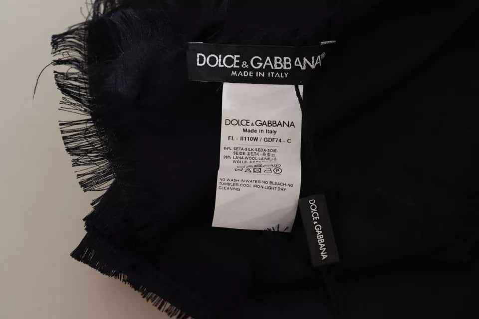 Dolce & Gabbana Black Solid Silk Wool Fringe Wrap Scarf