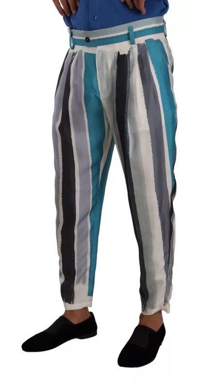 Dolce & Gabbana Blue Striped Silk Tapered Pants