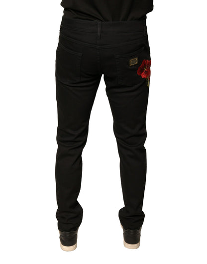 Dolce & Gabbana Black Floral Cotton Stretch Slim Denim Jeans