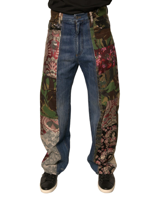 Dolce & Gabbana Blue Patchwork Cotton Straight Denim Jeans