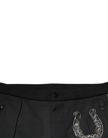 Dolce & Gabbana Black Horseshoe Embellished Wool Slim Fit Pants