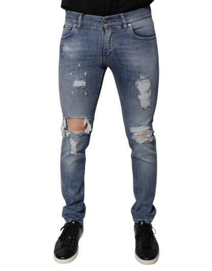 Dolce & Gabbana Blue Tattered Cotton Stretch Skinny Denim Jeans