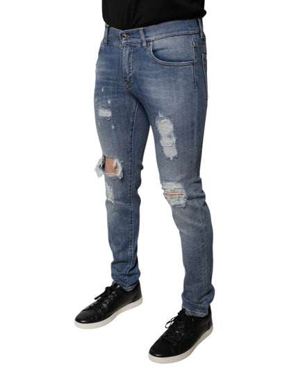 Dolce & Gabbana Blue Tattered Cotton Stretch Skinny Denim Jeans