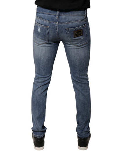 Dolce & Gabbana Blue Tattered Cotton Stretch Skinny Denim Jeans