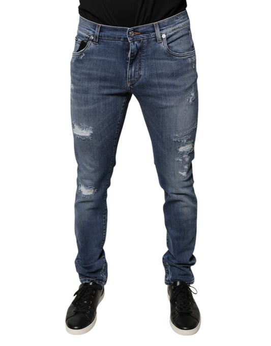 Dolce & Gabbana Blue Tattered Cotton Stretch Skinny Denim Jeans