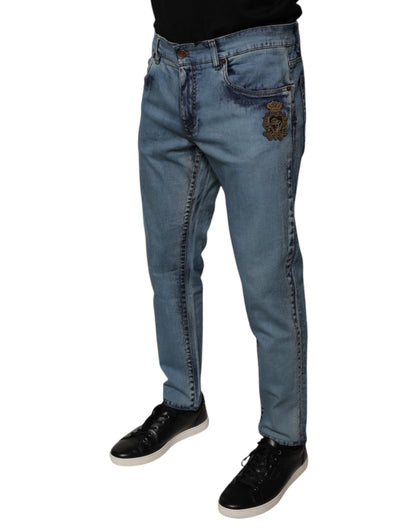 Dolce & Gabbana Blue Cotton DG Crown Patch Skinny Denim Jeans