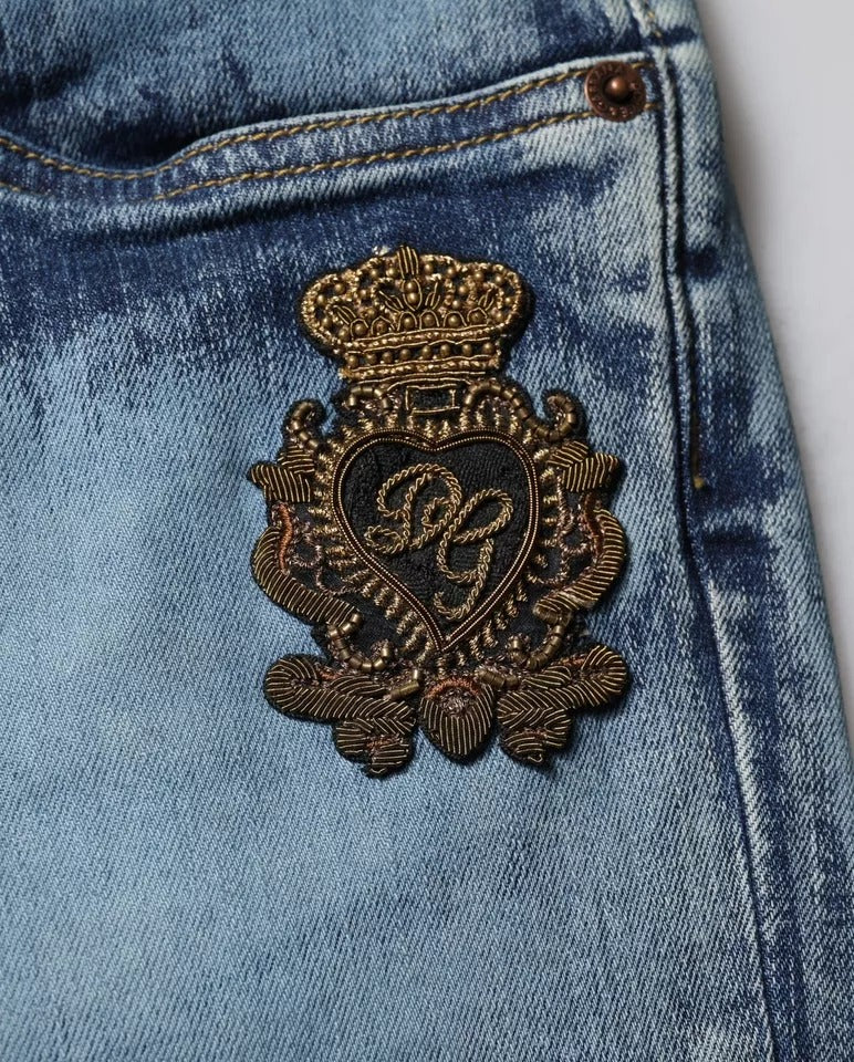 Dolce & Gabbana Blue Cotton DG Crown Patch Skinny Denim Jeans