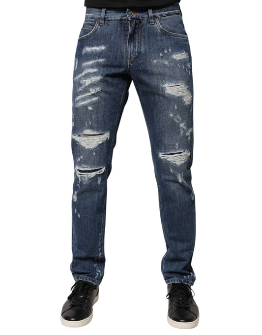 Dolce & Gabbana Blue Cotton Tattered Skinny Denim Jeans