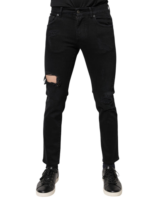 Dolce & Gabbana Black Cotton Tattered Skinny Denim Logo Jeans