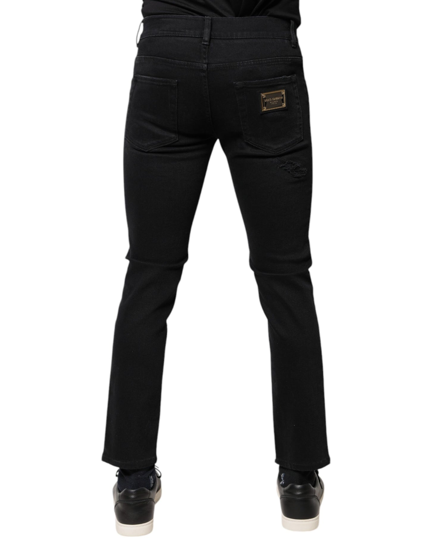 Dolce & Gabbana Black Cotton Tattered Skinny Denim Logo Jeans