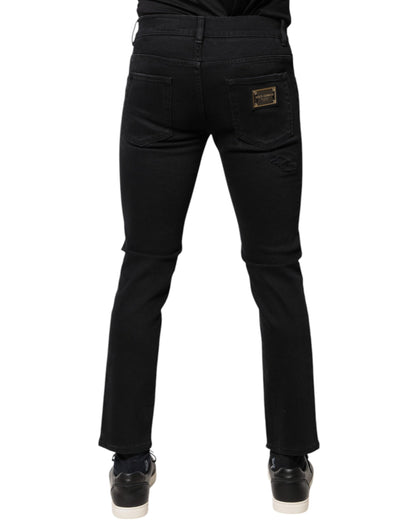 Dolce & Gabbana Black Cotton Tattered Skinny Denim Logo Jeans