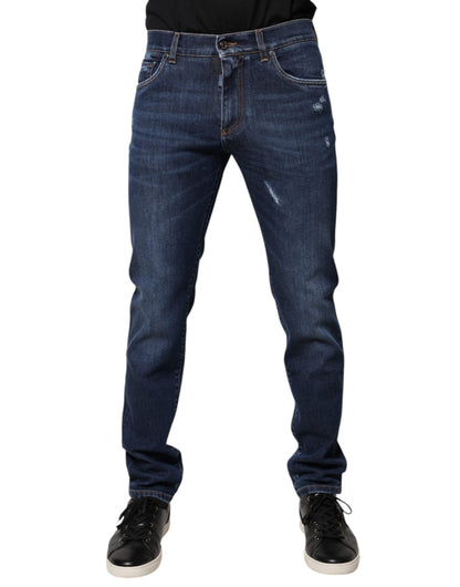 Dolce & Gabbana Blue Cotton Logo Print Slim Fit Denim Jeans