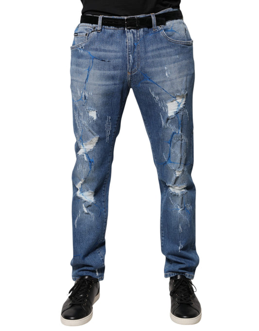 Dolce & Gabbana Blue Cotton Stretch Tattered Skinny Denim Jeans