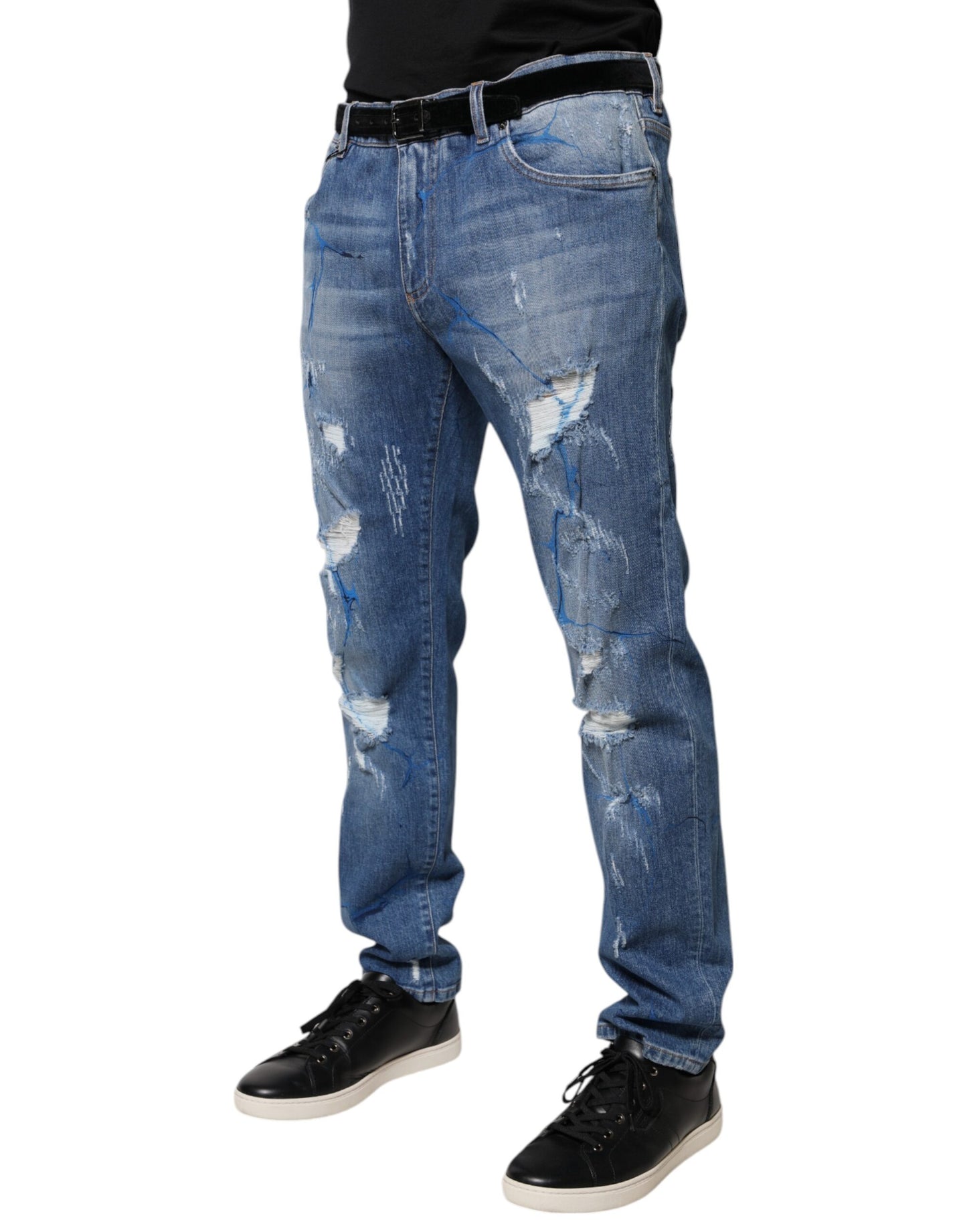 Dolce & Gabbana Blue Cotton Stretch Tattered Skinny Denim Jeans