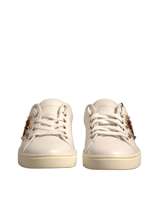 Dolce & Gabbana White Leather Gold Red Heart Sneakers Shoes