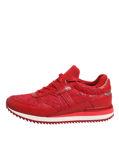 Dolce & Gabbana Red Floral Lace Leather Sneakers Shoes