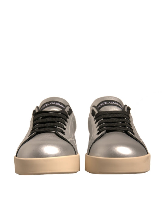 Dolce & Gabbana Silver Calf Leather Portofino Sneakers Shoes