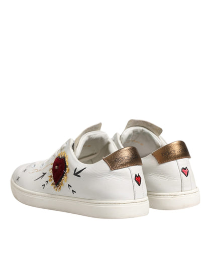 Dolce & Gabbana White Leather Heart Embellished Sneakers Shoes