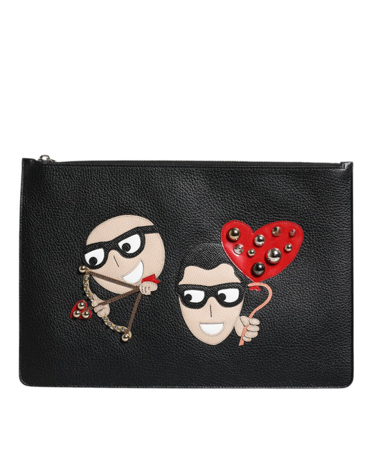 Dolce & Gabbana Black Leather #DGFAMILY Embellished Men Zip Pouch Bag