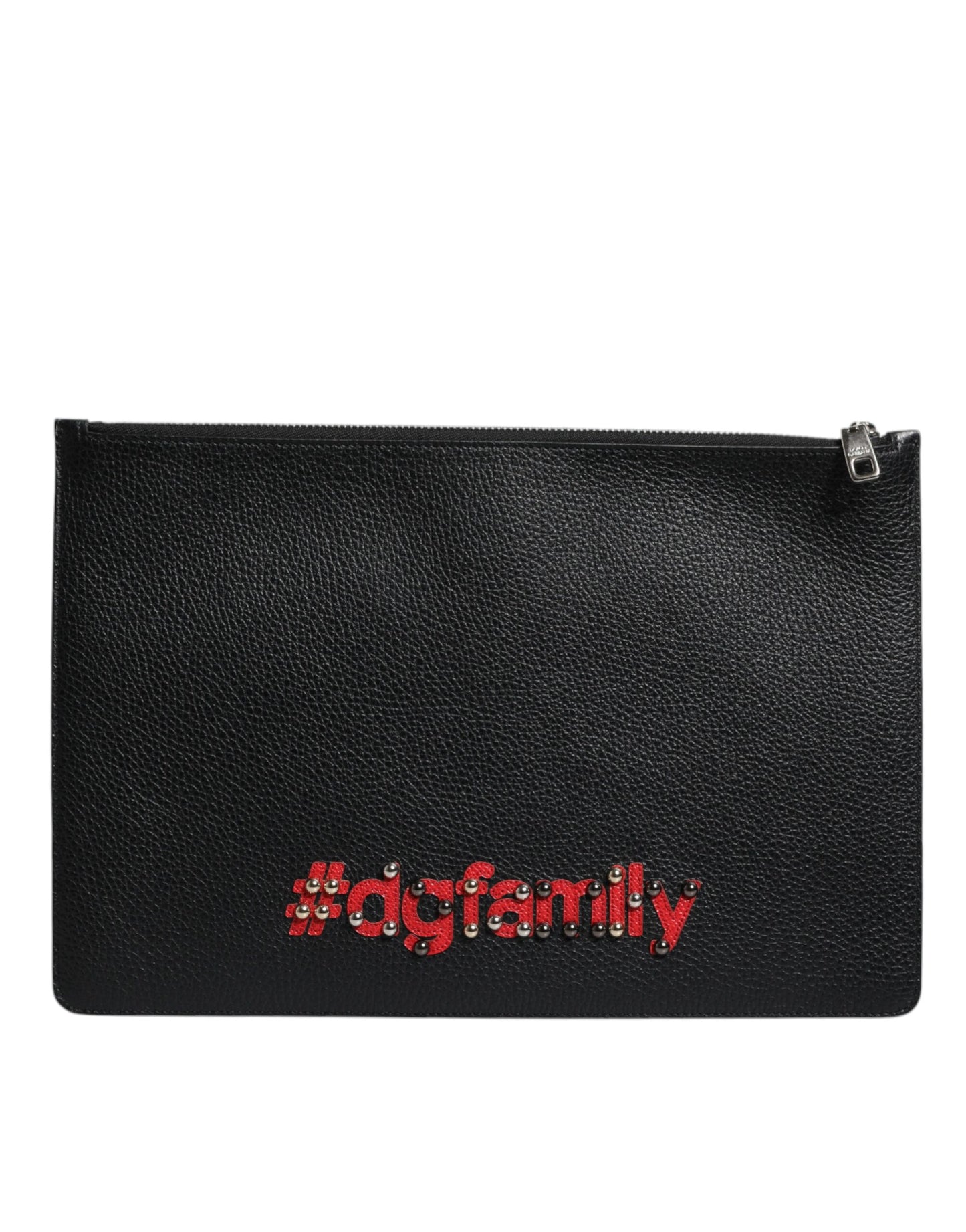 Dolce & Gabbana Black Leather #DGFAMILY Embellished Men Zip Pouch Bag