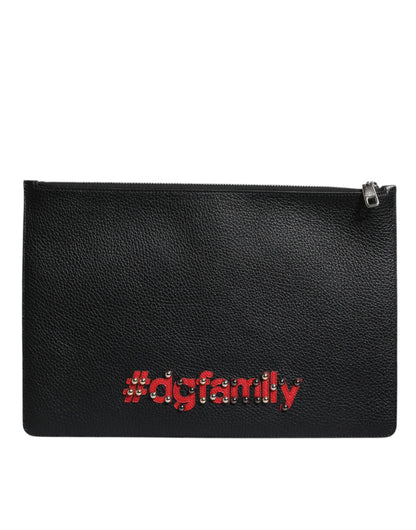 Dolce & Gabbana Black Leather #DGFAMILY Embellished Men Zip Pouch Bag