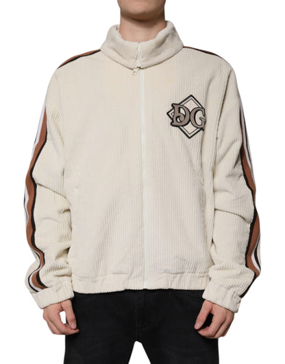 Dolce & Gabbana Beige Logo Applique Cotton Corduroy Full Zip Jacket