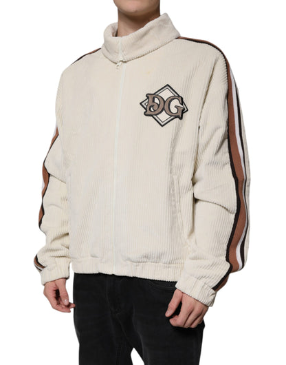 Dolce & Gabbana Beige Logo Applique Cotton Corduroy Full Zip Jacket