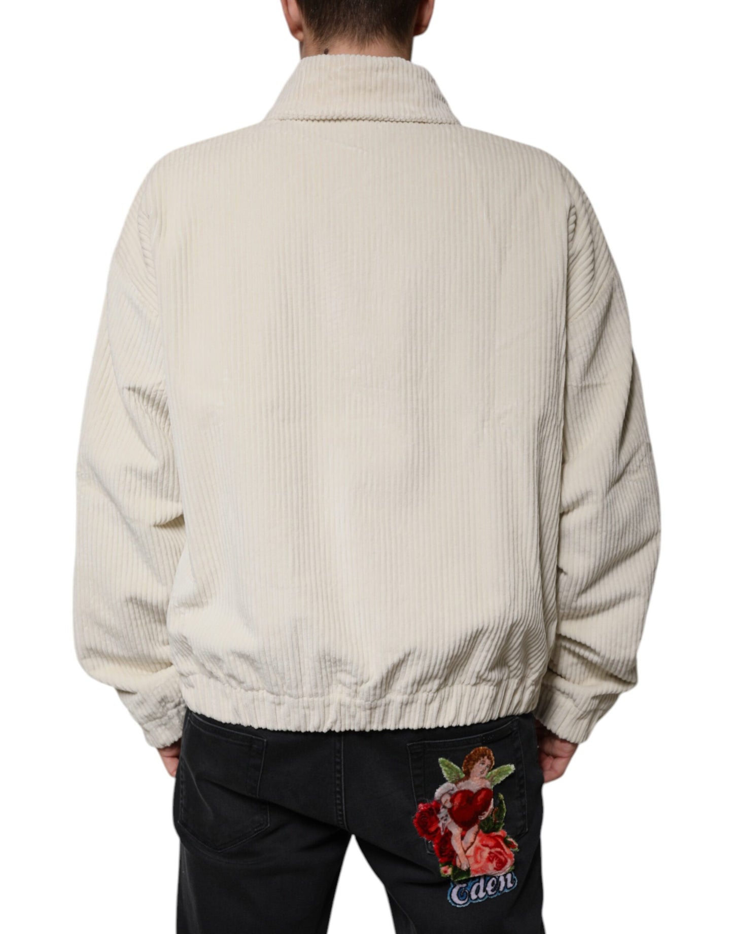 Dolce & Gabbana Beige Logo Applique Cotton Corduroy Full Zip Jacket