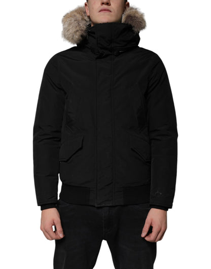 Woolrich Black Hooded Long Sleeves Fur Shearling Coat Jacket