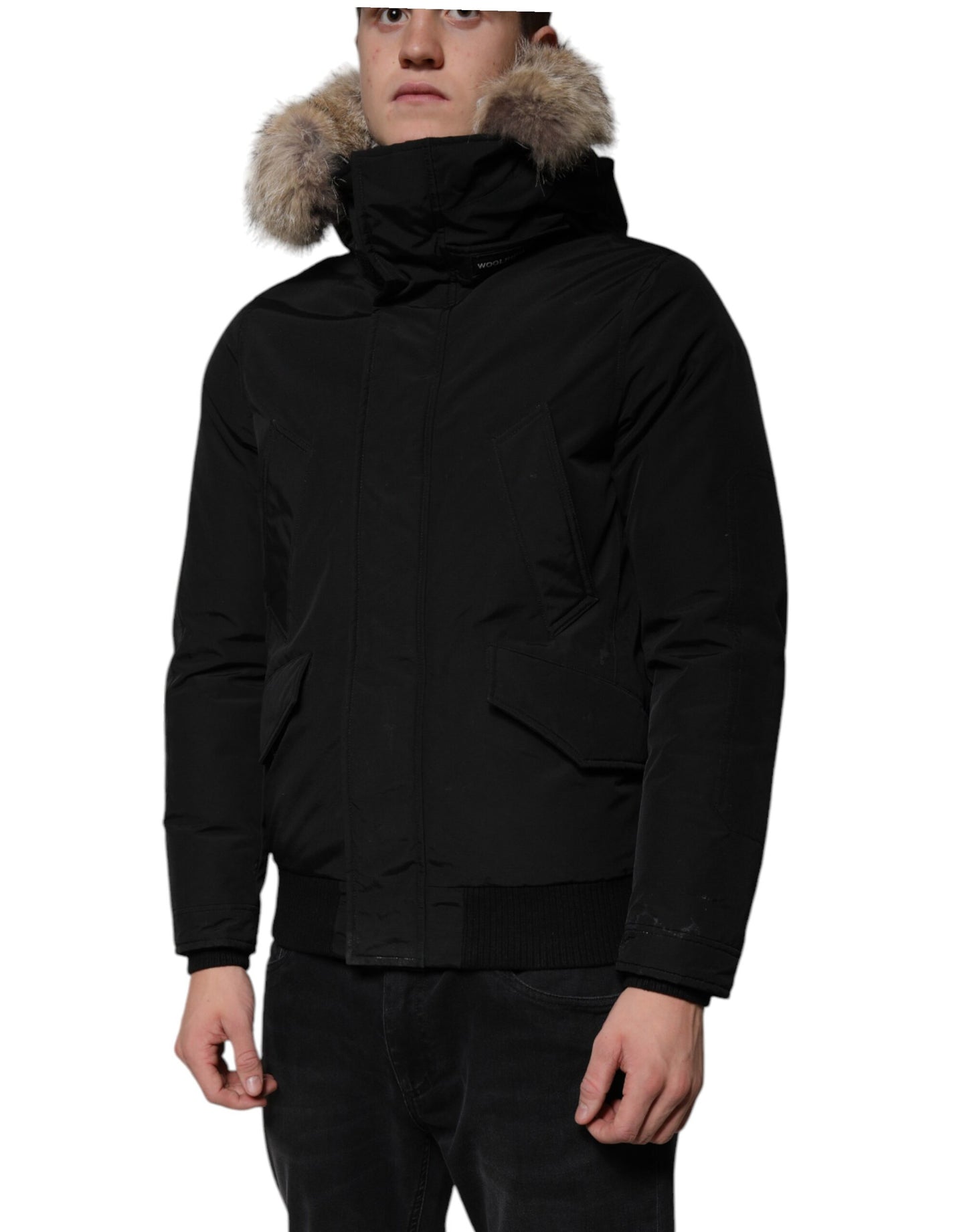 Woolrich Black Hooded Long Sleeves Fur Shearling Coat Jacket