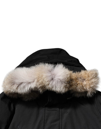 Woolrich Black Hooded Long Sleeves Fur Shearling Coat Jacket