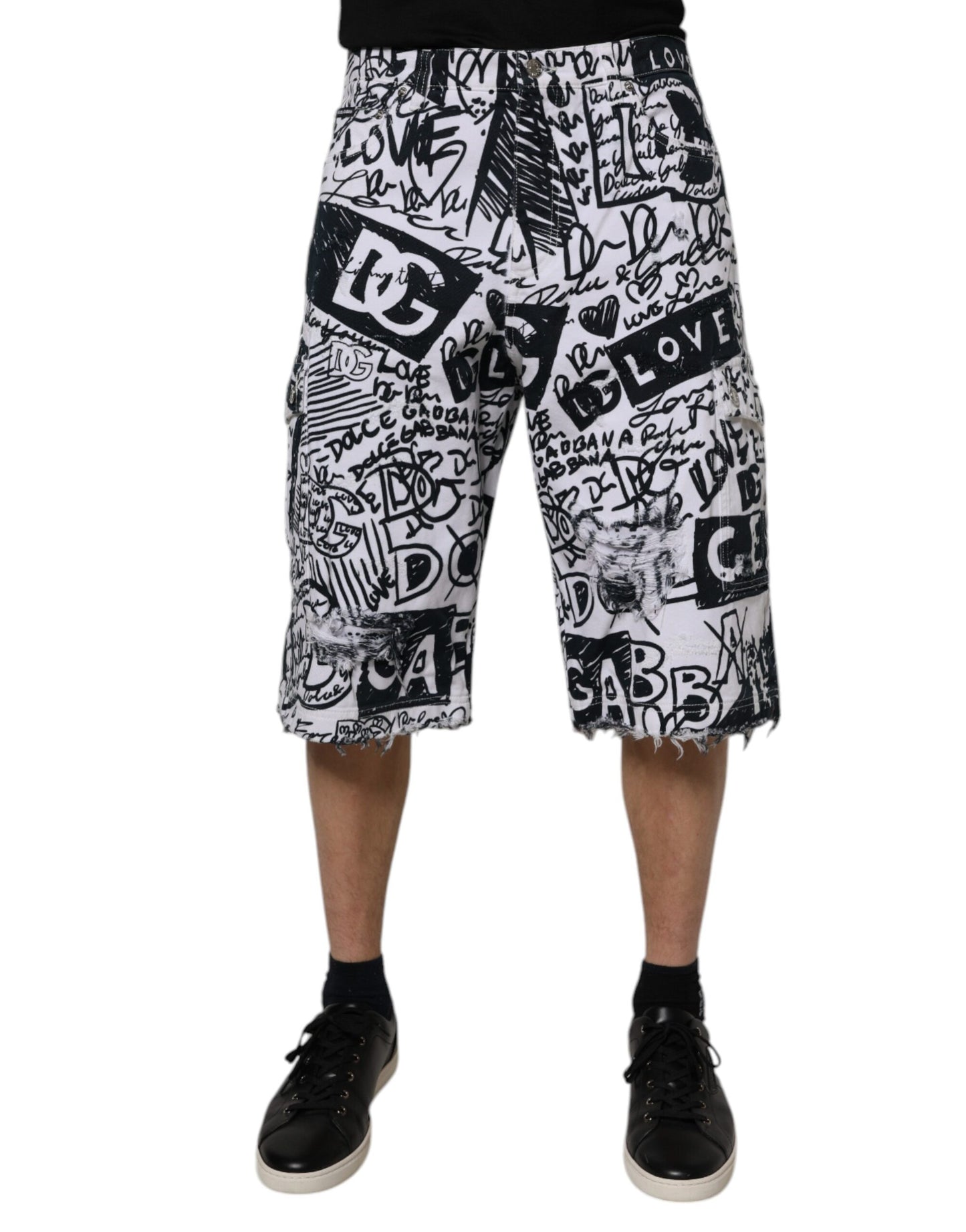 Dolce & Gabbana White Graffiti Cotton Men Bermuda Denim Shorts