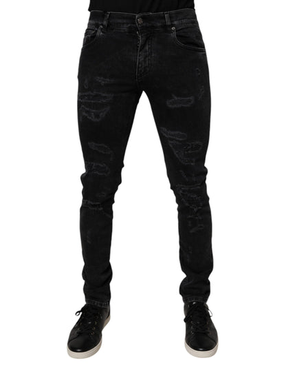 Dolce & Gabbana Black Tattered Cotton Skinny Men Denim Jeans