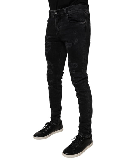 Dolce & Gabbana Black Tattered Cotton Skinny Men Denim Jeans