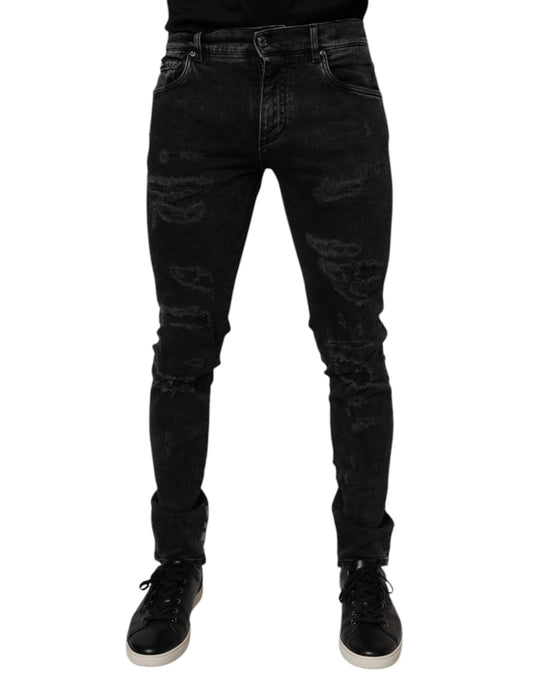 Dolce & Gabbana Black Tattered Cotton Skinny Men Denim Jeans