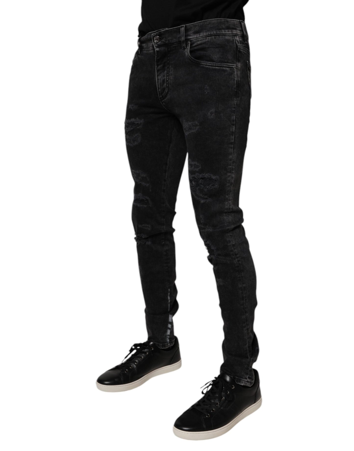 Dolce & Gabbana Black Tattered Cotton Skinny Men Denim Jeans