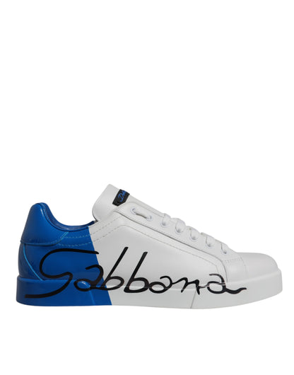 Dolce & Gabbana White Blue Leather Logo Low Top Sneakers Shoes